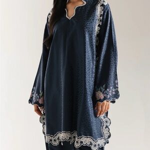 Shalwar kameez. Eid Special. Elegant Navy Tunic with Floral Embroidery